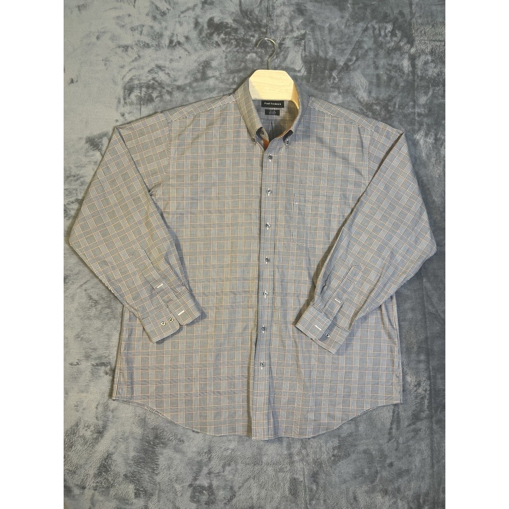 Paul Fredrick Mens Tailored Fit Grey Orange Glen Plaid Dress Shirt 18.5 x 36